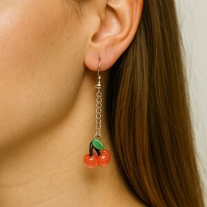 Hand Crafted Cherry Dangle Earrings with Gold Hooks -Hypoallergenic